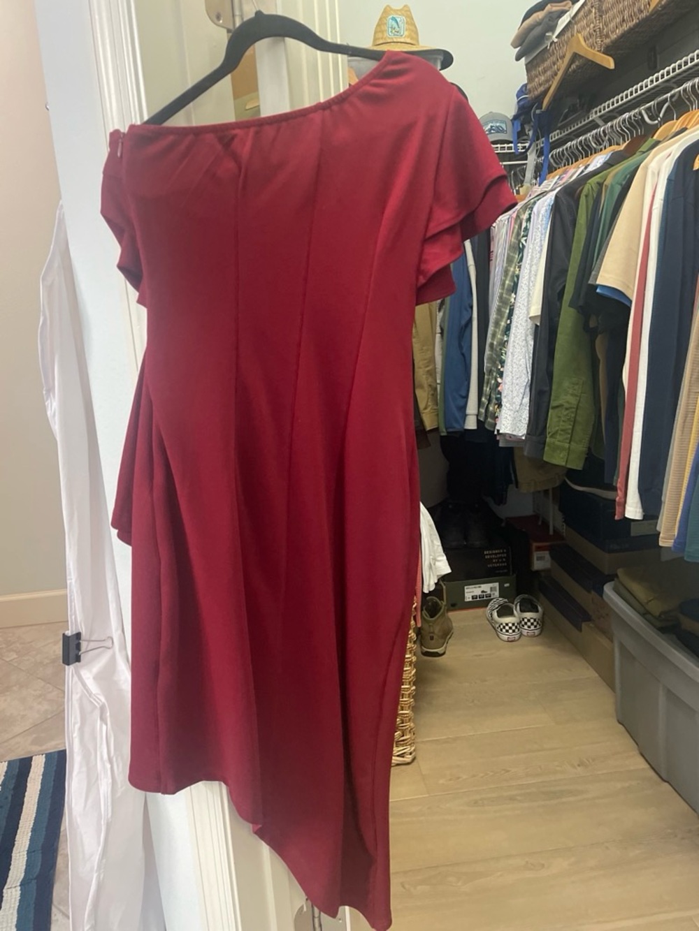 Asymmetrical Off-Shoulder Dress in Deep Red